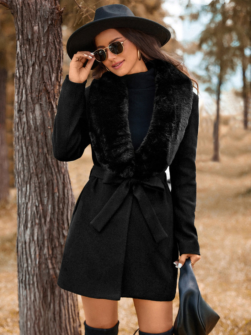 LUNE Fuzzy Panel Belted Overcoat Women Overcoats Marven   