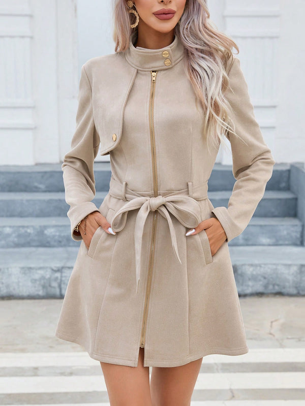 Privé Flap Detail Belted Zip Up Coat Women Coats SHEIN   