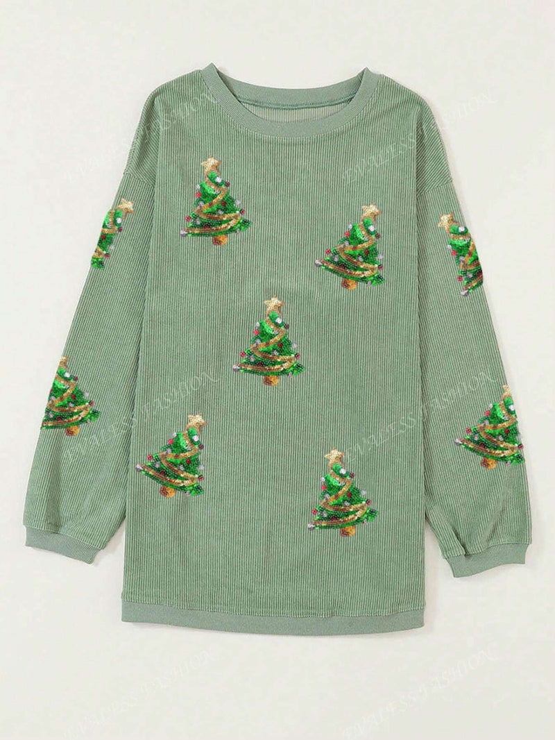 Sequin Christmas Tree Drop Shoulder Sweatshirt Sequin Christmas Tree Drop Shoulder Sweatshirt Marven   