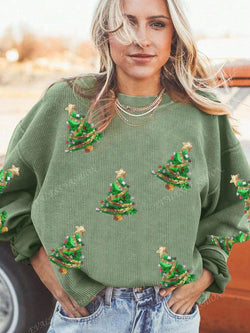 Sequin Christmas Tree Drop Shoulder Sweatshirt Sequin Christmas Tree Drop Shoulder Sweatshirt Marven Green S 