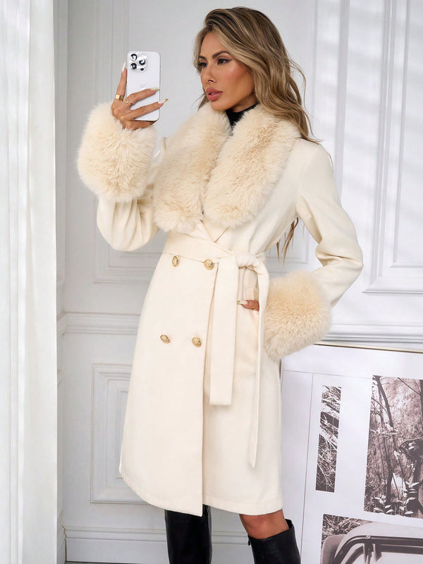 Women's Long Wool Coat with Fur Collar Women Overcoats Shein   