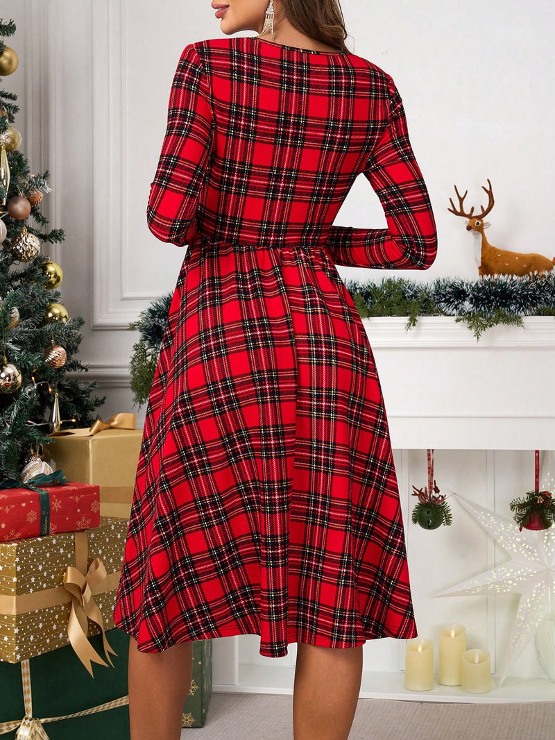 Clasi Plaid V-Neck Dress Stylish Christmas Plaid A-Line Dress - Clasi Marven