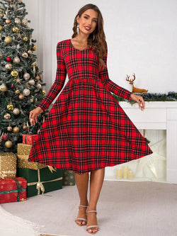 Clasi Plaid V-Neck Dress Stylish Christmas Plaid A-Line Dress - Clasi Marven S