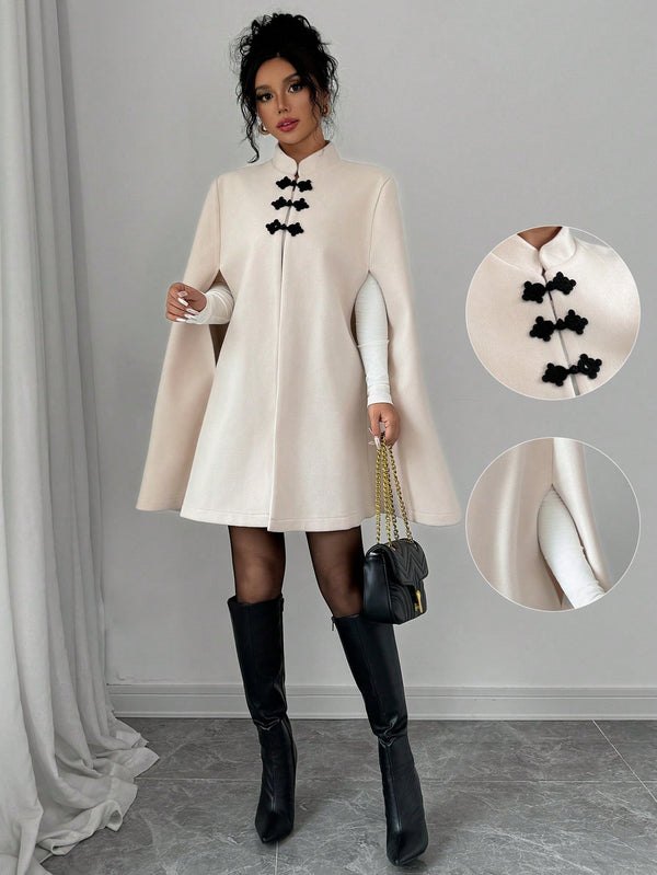 Privé Stand Collar Chinese Button Woolen Cloak Coat Women Overcoats Marven   