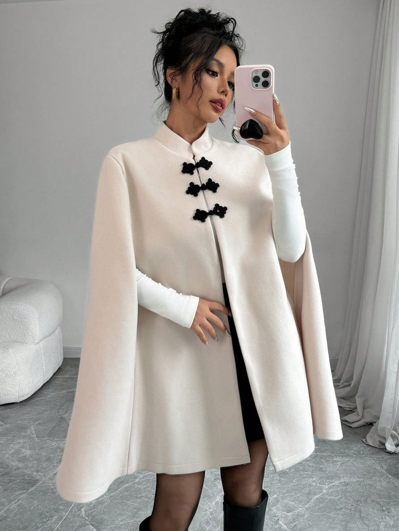 Privé Stand Collar Chinese Button Woolen Cloak Coat Women Overcoats Marven   