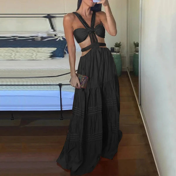 Long Dress Sleeveless Backless Lace Up Long Dress Sleeveless Backless Lace Up Marven Black 2XL 