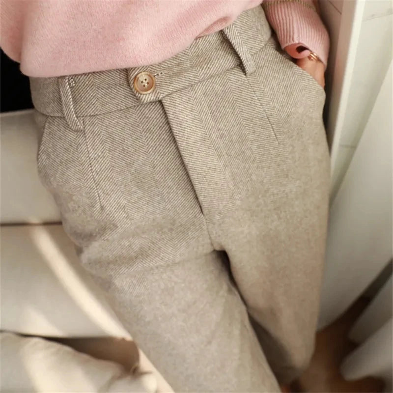 High Waisted Woolen Harem Pencil Pants | Office Lady Casual Trousers High Waisted Woolen Harem Pencil Pants | Office Lady Casual Trousers Marven Creamy-white S 