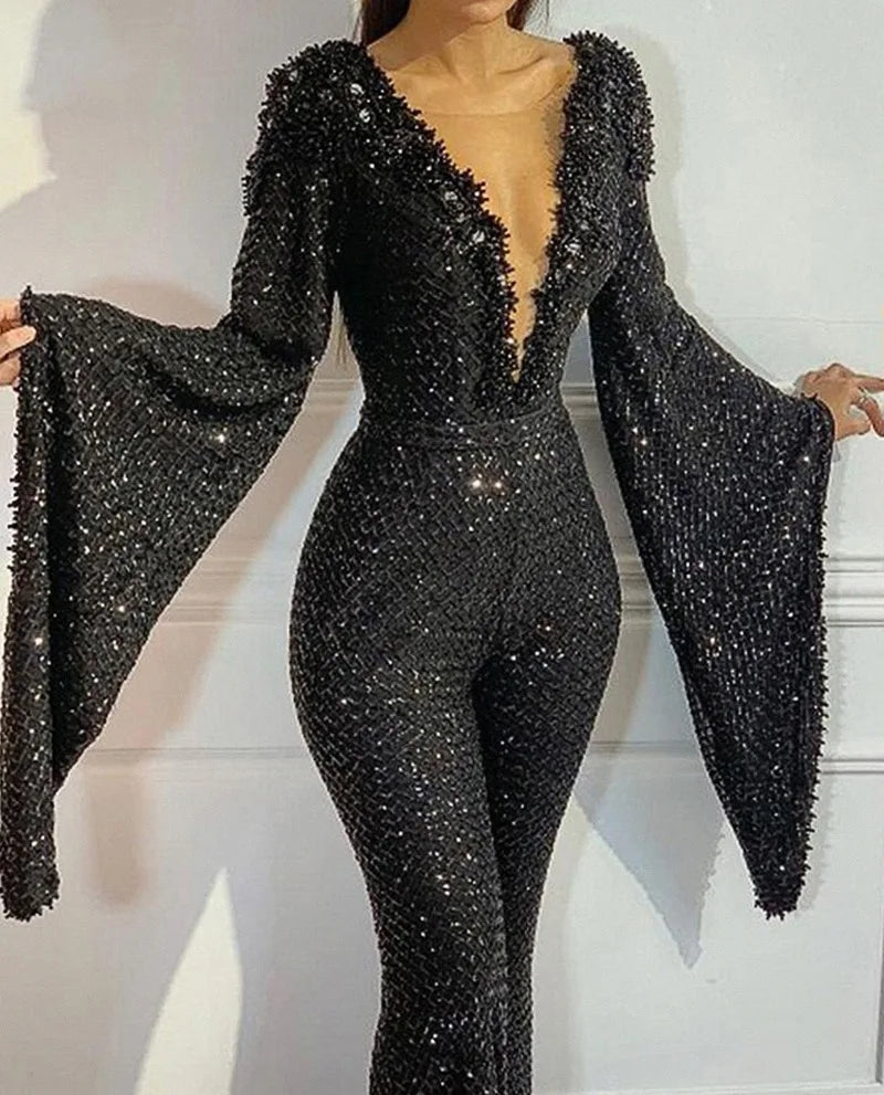 Elegant V-neck Sequin Bat-Sleeve Jumpsuit Elegant V-neck Sequin Bat-Sleeve Jumpsuit Marven   