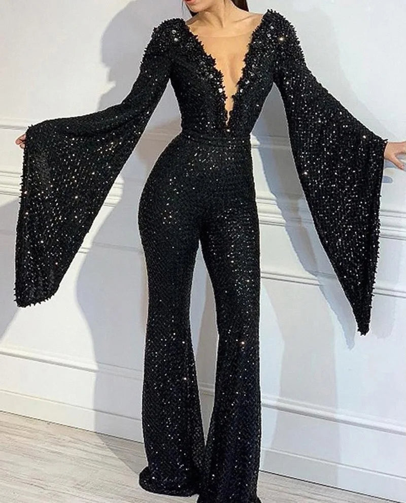 Elegant V-neck Sequin Bat-Sleeve Jumpsuit Elegant V-neck Sequin Bat-Sleeve Jumpsuit Marven Black S 