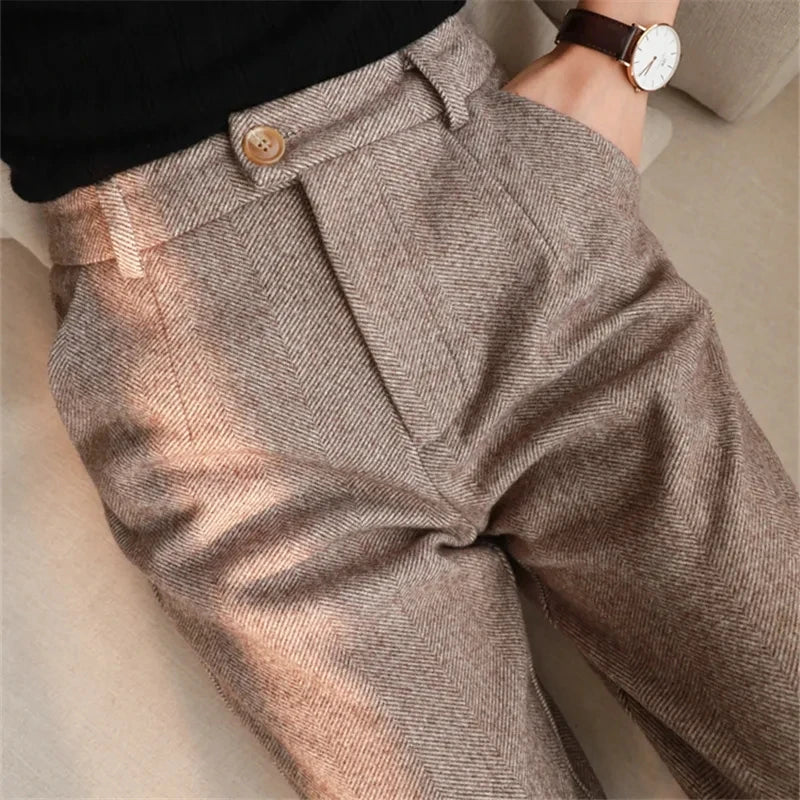 High Waisted Woolen Harem Pencil Pants | Office Lady Casual Trousers High Waisted Woolen Harem Pencil Pants | Office Lady Casual Trousers Marven Khaki S 