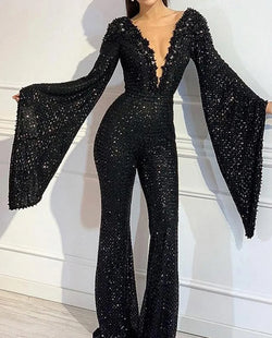 Elegant V-neck Sequin Bat-Sleeve Jumpsuit Elegant V-neck Sequin Bat-Sleeve Jumpsuit Marven   