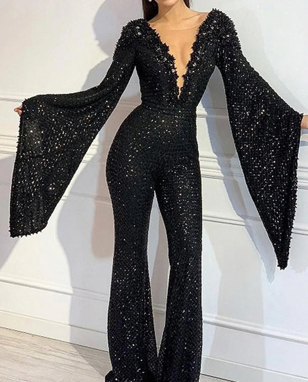 Elegant V-neck Sequin Bat-Sleeve Jumpsuit Elegant V-neck Sequin Bat-Sleeve Jumpsuit Marven   