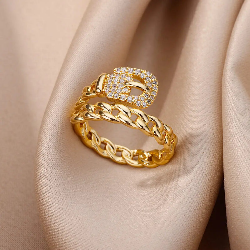 Fashion Gold Color Stainless Steel Chain Hollow Out Crystal Zircon Ring Fashion Gold Color Stainless Steel Chain Hollow Out Crystal Zircon Ring Marven JZ4475G Resizable 