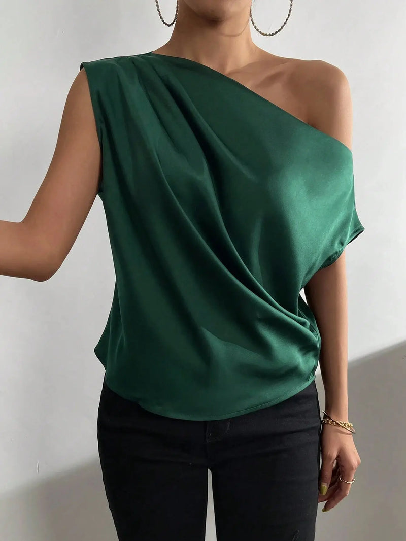 Asymmetric Off-Shoulder Blouse  Marven Dark Green M 