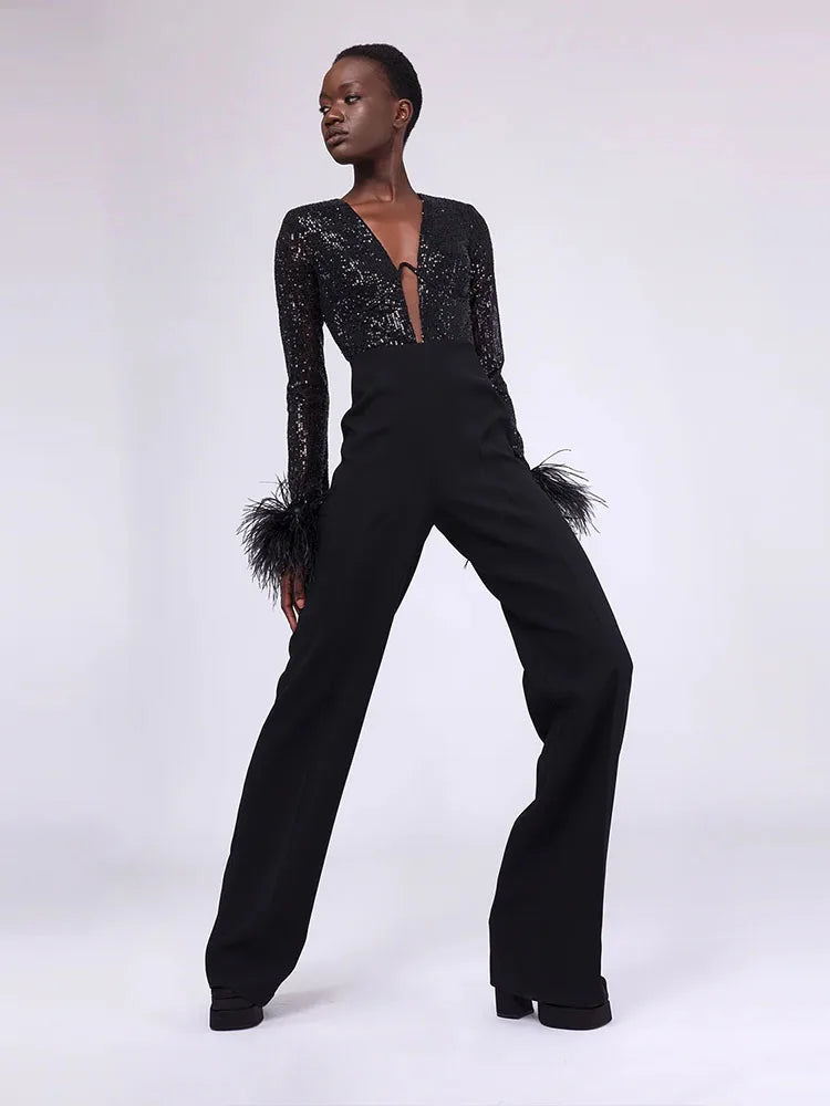 Luxury Black Sequins Feather Jumpsuit Sexy V Neck Feather Jumpsuit for Parties Marven   