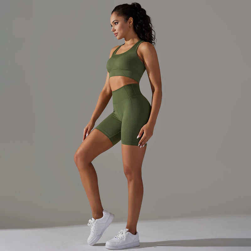 2PCS Seamless Yoga Set - Crop Top & Shorts Outfit Crop Top & Shorts Outfit Marven Army Green L 