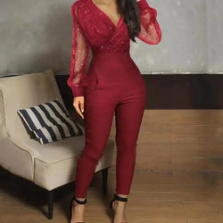 GlamShine Couture Sexy Sequin Mesh Glitter Jumpsuit - GlamShine Marven Red S 