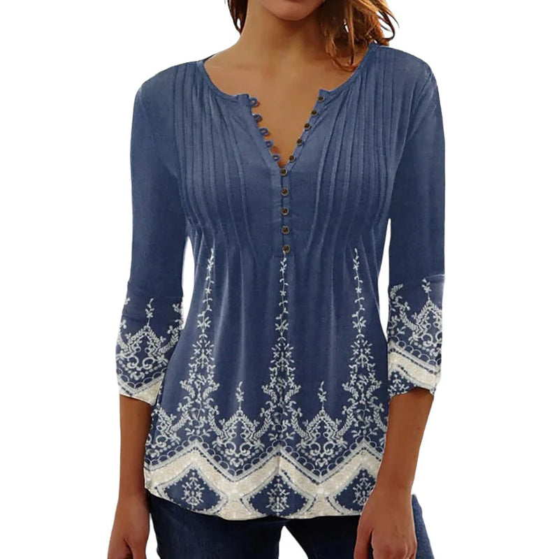 V neck Three Quarter Print Sleeve Blouse  Marven Blue 1 S 