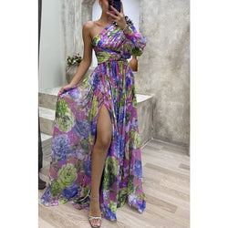 Casual Off-Shoulder Slit Dress | Long-Sleeve Waist-Tie Party Dress with Print Off-Shoulder Slit Dress Marven PURPLE XL 