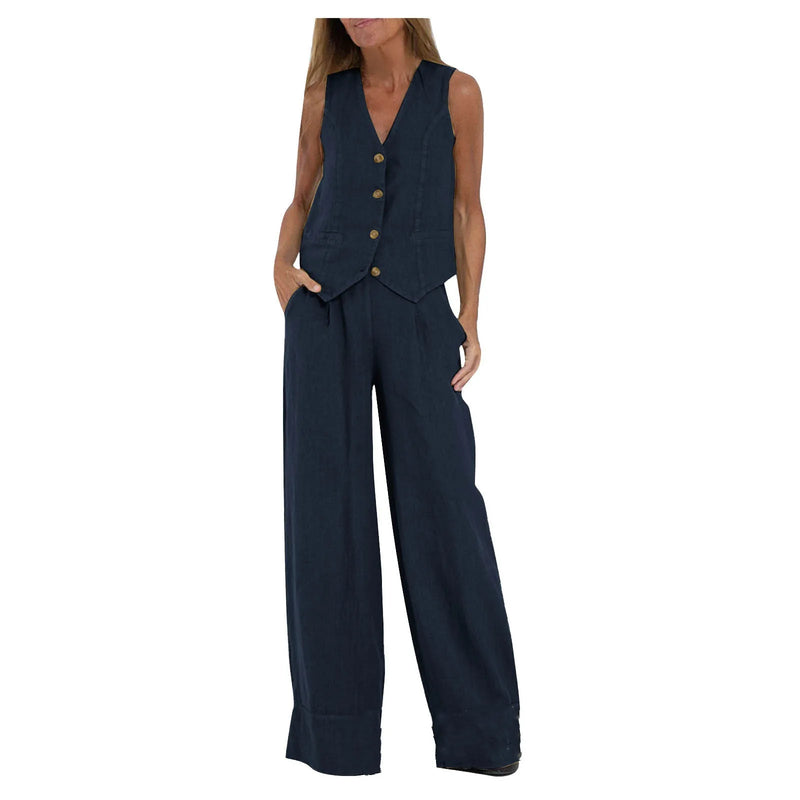 Sleeveless Vest & Wide Leg Pants Set Sleeveless Vest & Wide Leg Pants Set Marven Navy Blue XXL 