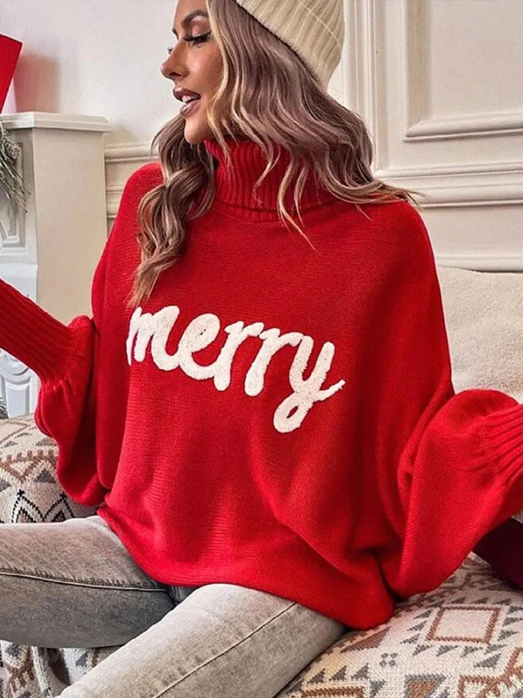 Red Turtleneck Letter Sweater for Women Red Turtleneck Letter Sweater for Women Marven   