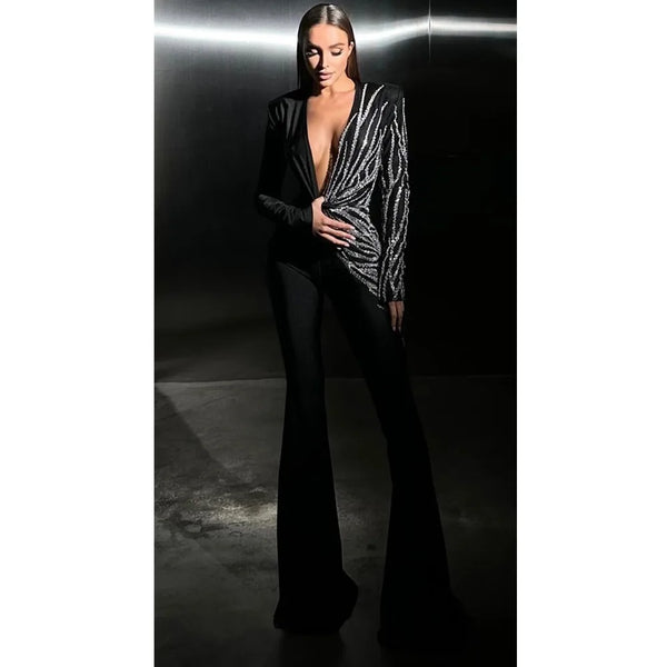 Luxury Black Jumpsuit with Diamonds and Flare Pants Luxury Black Jumpsuit with Diamonds and Flare Pants Marven   