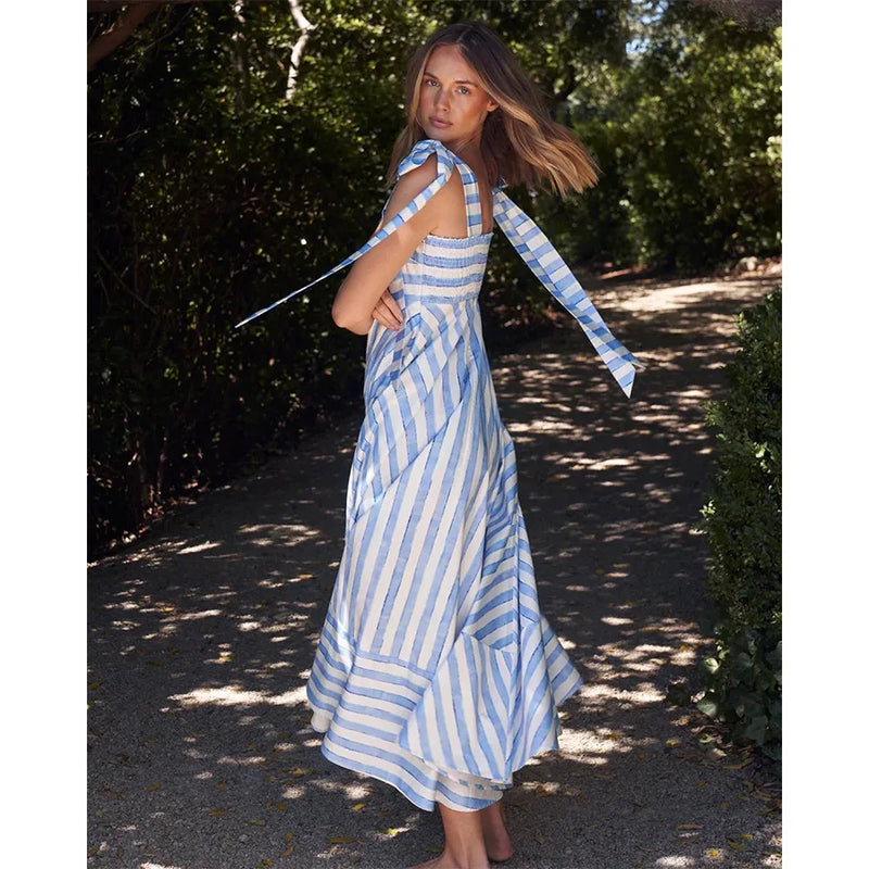 Chic Stripe Print Spaghetti Strap Dress Stripe Print Spaghetti Strap Dress - Elegant Bowknot Long Marven Blue S 