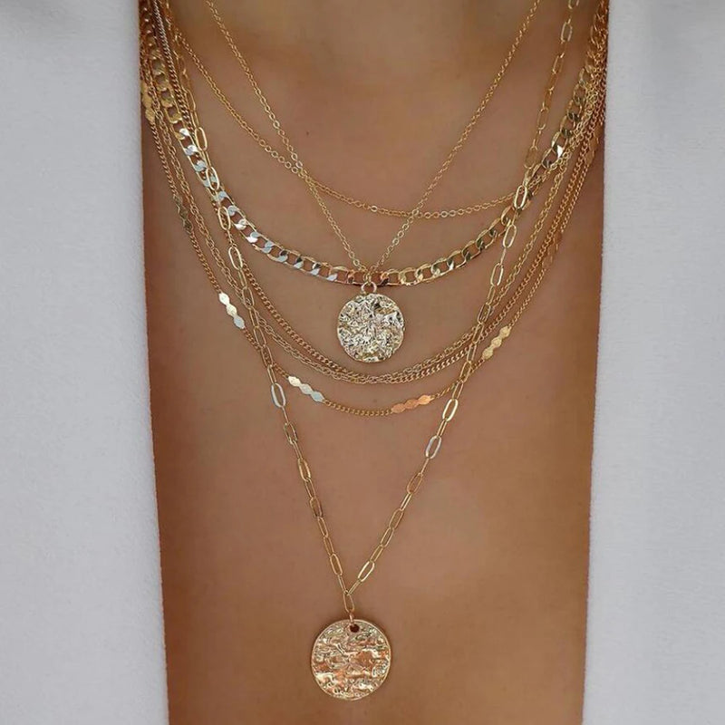 Boho Chic Multi-Layer Crystal Pendant Necklace Set - Vintage Gold  Marven CS8898-14  