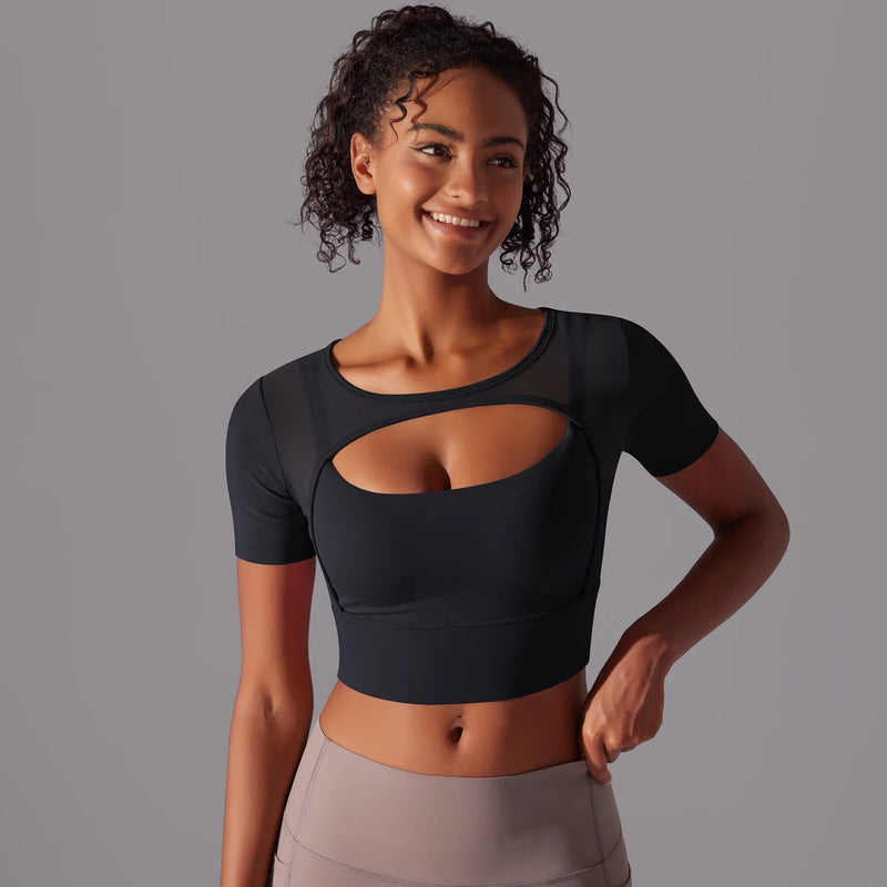 Solid Color Yoga Tank Top - Mesh Double Layer Sports Bra Top Double Layer Sports Bra Marven Black S 