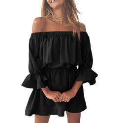 Boho Off Shoulder Flare Sleeve Mini Dress Boho Off Shoulder Flare Sleeve Mini Dress - Casual Tunic Style Marven Black S 