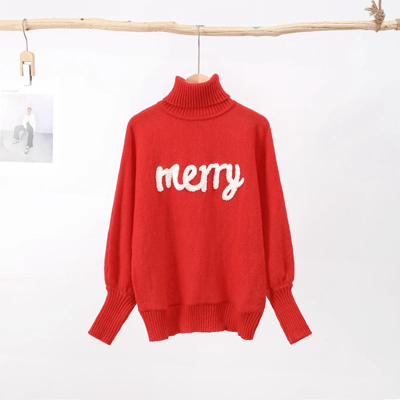 Red Turtleneck Letter Sweater for Women Red Turtleneck Letter Sweater for Women Marven Red S 