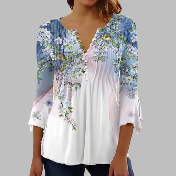 V neck Three Quarter Print Sleeve Blouse  Marven   