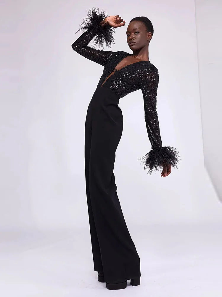 Luxury Black Sequins Feather Jumpsuit Sexy V Neck Feather Jumpsuit for Parties Marven   