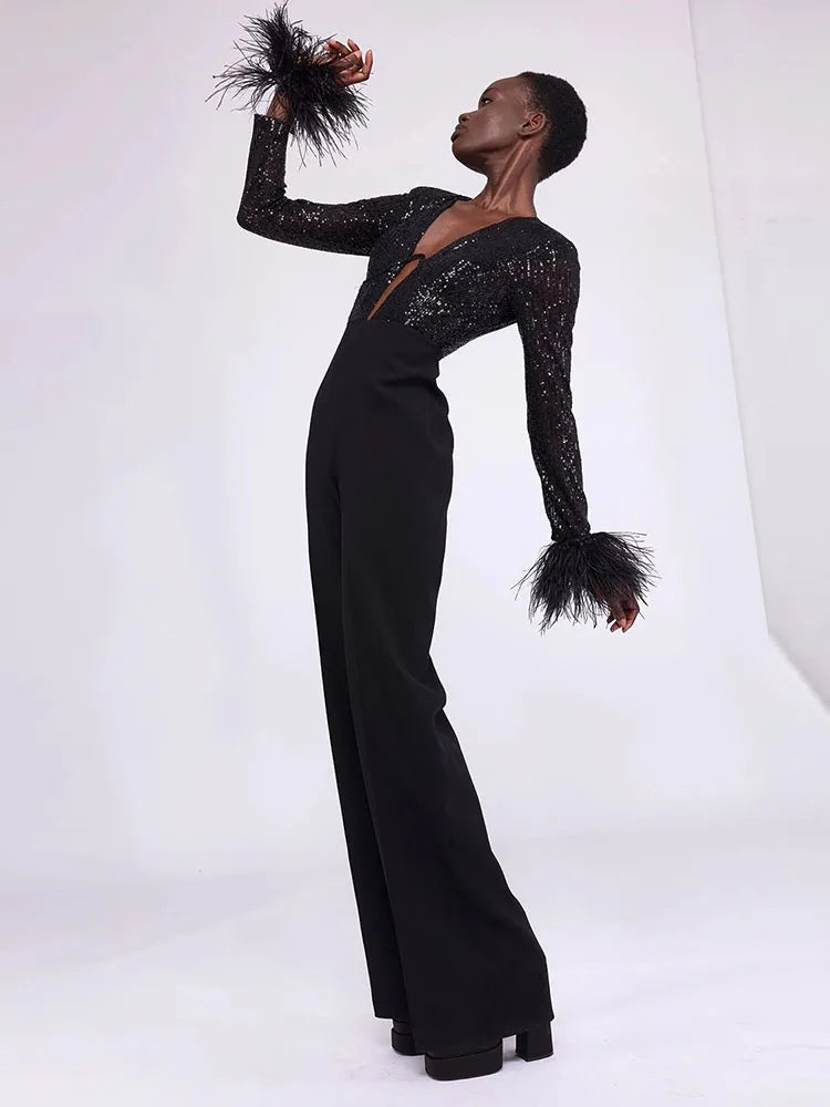 Luxury Black Sequins Feather Jumpsuit Sexy V Neck Feather Jumpsuit for Parties Marven   