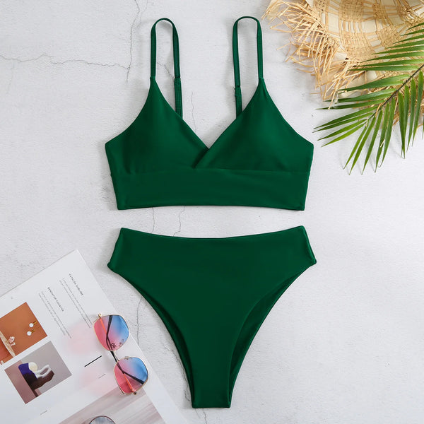 High Waist Bikinis 2023 Women Solid Strape Swimsuit Female Padded Swimwear Bathers Bathing Swimming Swim Suit Summer Beachwear  Marven Green L 