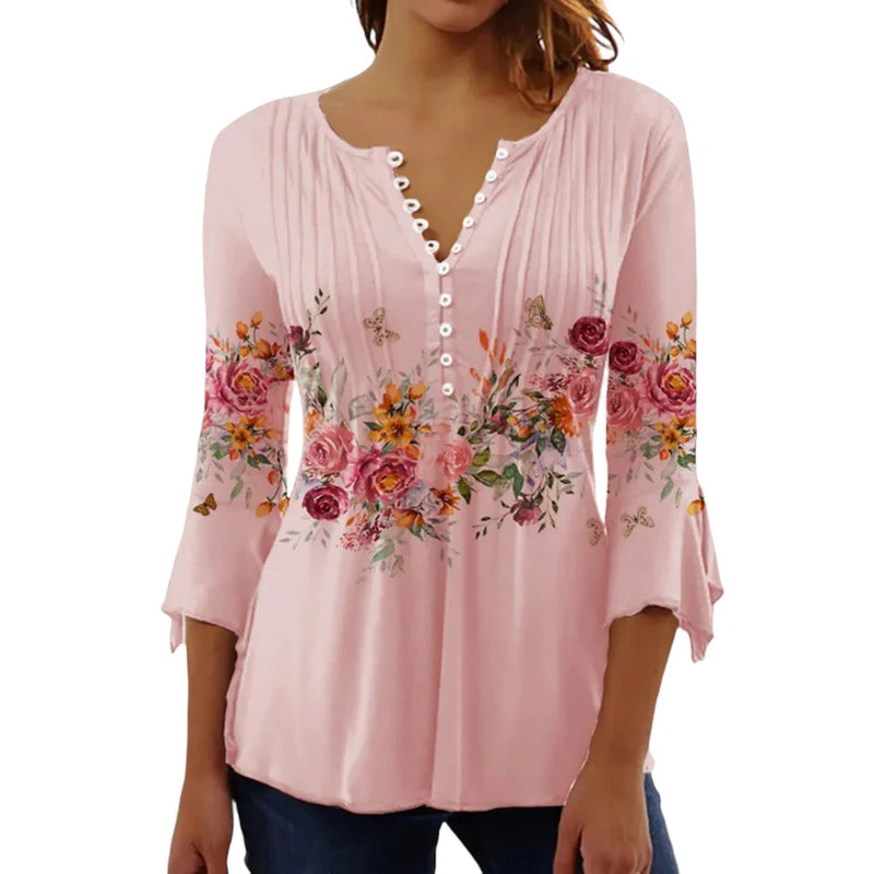 V neck Three Quarter Print Sleeve Blouse  Marven Pink XXL 