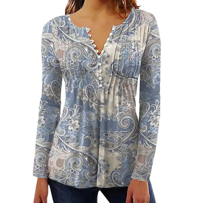 V neck Three Quarter Print Sleeve Blouse  Marven GrayBlue S 