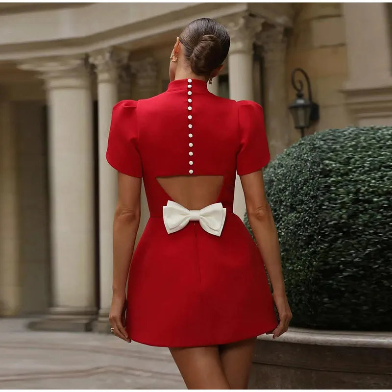 Fanny Back Cut-Out Bowknot Red Mini Dress Stylish Bow Evening Dress for Women Marven    