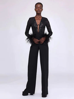 Luxury Black Sequins Feather Jumpsuit Sexy V Neck Feather Jumpsuit for Parties Marven Black XS 