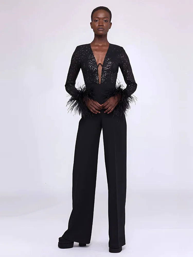 Luxury Black Sequins Feather Jumpsuit Sexy V Neck Feather Jumpsuit for Parties Marven Black XS 