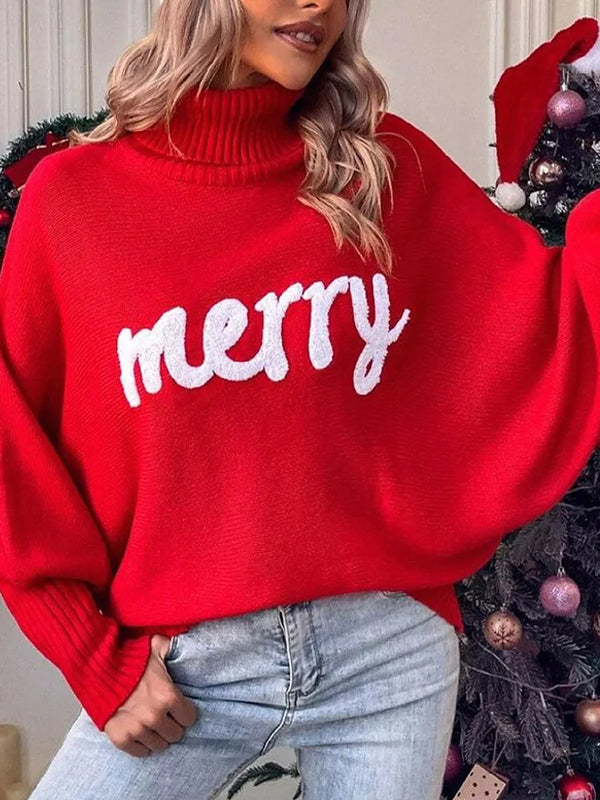 Red Turtleneck Letter Sweater for Women Red Turtleneck Letter Sweater for Women Marven   