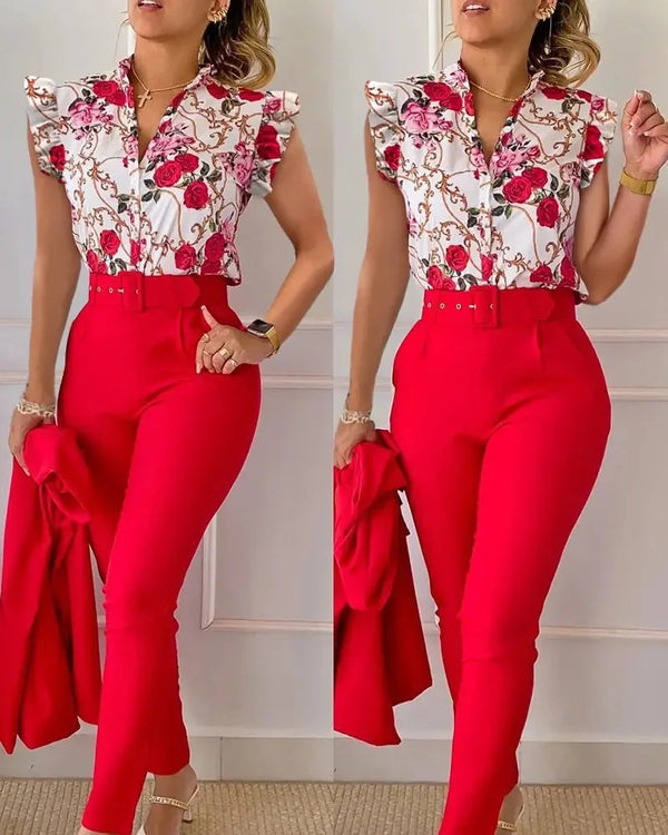 Floral Print Lotus Sleeve & High Waist Pants Set Floral Print Lotus Sleeve & High Waist Pants Set Marven   