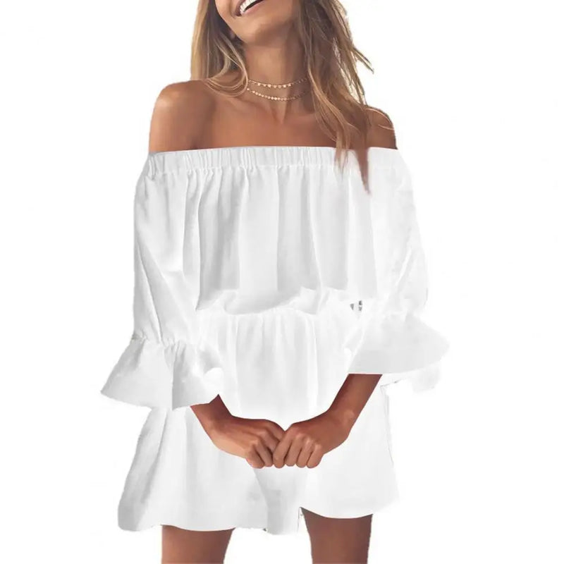 Boho Off Shoulder Flare Sleeve Mini Dress Boho Off Shoulder Flare Sleeve Mini Dress - Casual Tunic Style Marven White S 