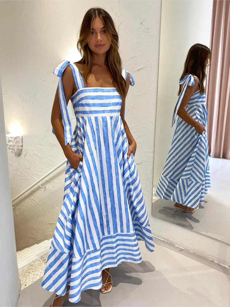 Chic Stripe Print Spaghetti Strap Dress Stripe Print Spaghetti Strap Dress - Elegant Bowknot Long Marven   