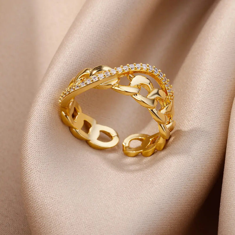 Fashion Gold Color Stainless Steel Chain Hollow Out Crystal Zircon Ring Fashion Gold Color Stainless Steel Chain Hollow Out Crystal Zircon Ring Marven JZ4447G Resizable 