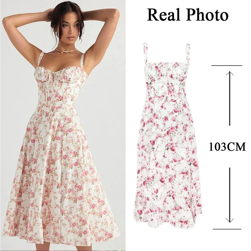 Midi Spaghetti Strap Lace Up Dress | Elegant Summer Dresses Midi Spaghetti Strap Lace Up Dress Marven Pink Print XS 