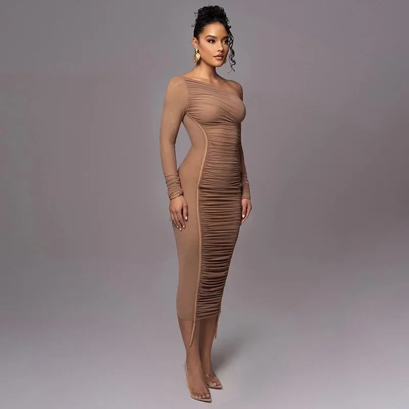 One Shoulder Long Sleeve Dress One Shoulder Long Sleeve Dress Marven Brown LYQ206 S 