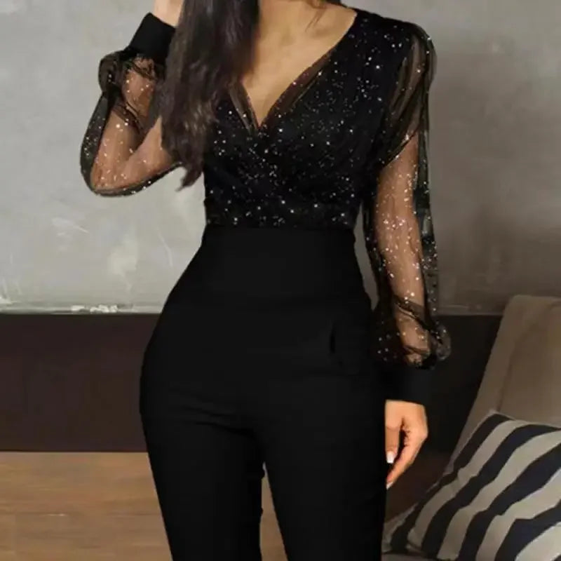 GlamShine Couture Sexy Sequin Mesh Glitter Jumpsuit - GlamShine Marven Black S 