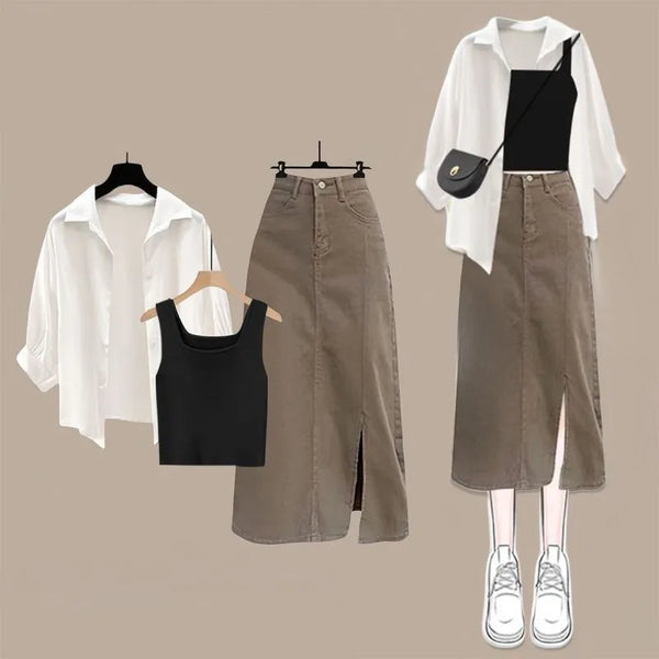 Sunscreen Shirt Vest Cowboy Midi Skirt Set - 3 Piece Outfit Sunscreen Shirt Vest Cowboy Midi Skirt Set - 3 Piece Outfit Marven Set 02 M(40-50Kg) 