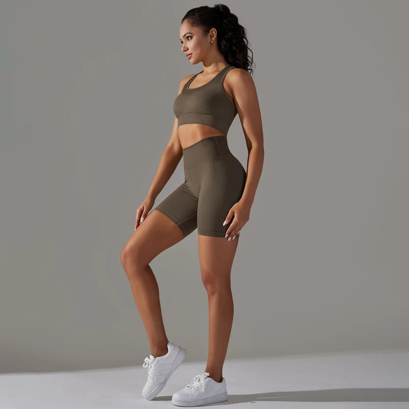 2PCS Seamless Yoga Set - Crop Top & Shorts Outfit Crop Top & Shorts Outfit Marven Deep Coffee M 